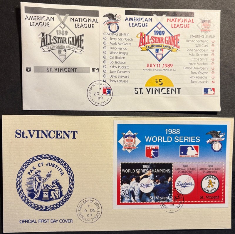 St. Vincent, 2 baseball covers, 1988 World Series and 1989 all star game