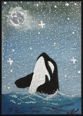Moonlit Rise Orca ACEO Art Print 2.5x3.5