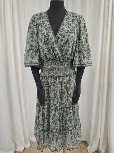 Max Studio Forest Green Floral Wrap Midi Dress