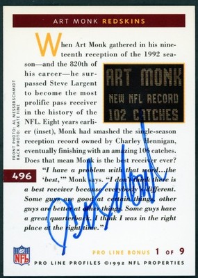 1992 Pro Line Profile Art Monk - Washington Redskins Autograph 1/9 (#496)
