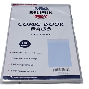 Belifun Comic Book Bags 100 Pack Acid Free 2 Mil Polypropylene with Flap