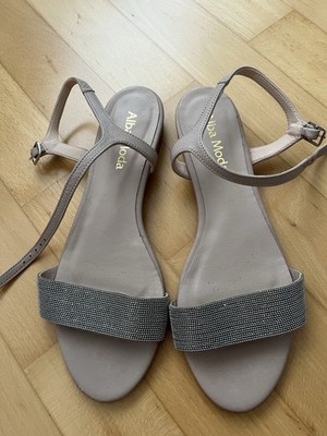 Alba Moda Damen Riemchen-Sandalen Beige/Silber Strass Blockabsatz niedrig