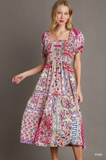 Umgee Mixed Print A-Line Squared Neck Dress Smocked Bodice & Short Puff  Sleeves