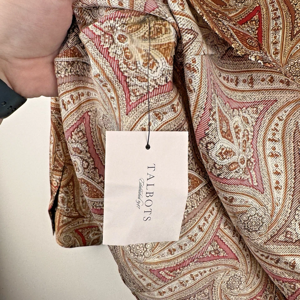Camisa Talbots Feminina 16 Laranja Vermelha Marrom Seda Paisley Manga Longa Botões Nova - Imagem 4 de 4