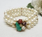 Vintage Multi Row Faux Pearl Bead Bracelet With Rhinestone & Cabochon Box Clasp