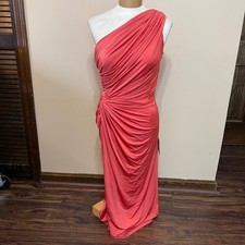 NEW Tadashi Shoji Coral One Shoulder Ruched Twist Jersey Gown Womens Medium