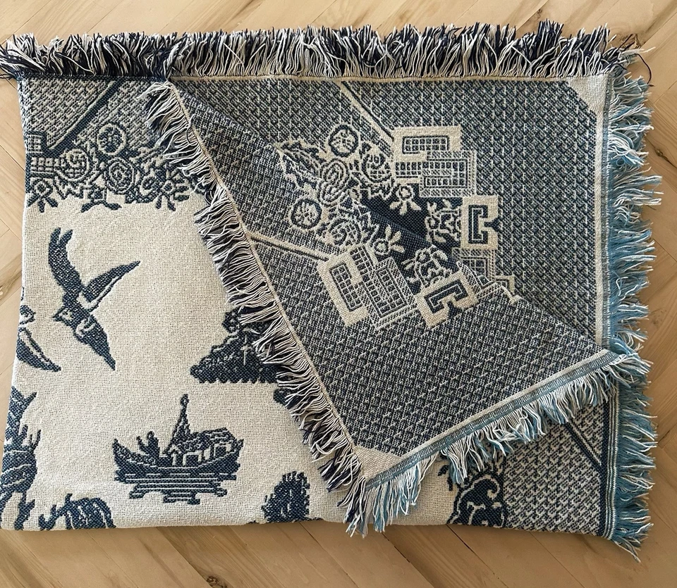 Manta Tejedores De Colección Azul Blanco Shabby Tapiz EE. UU. EXCELENTE Foto 4 de 4