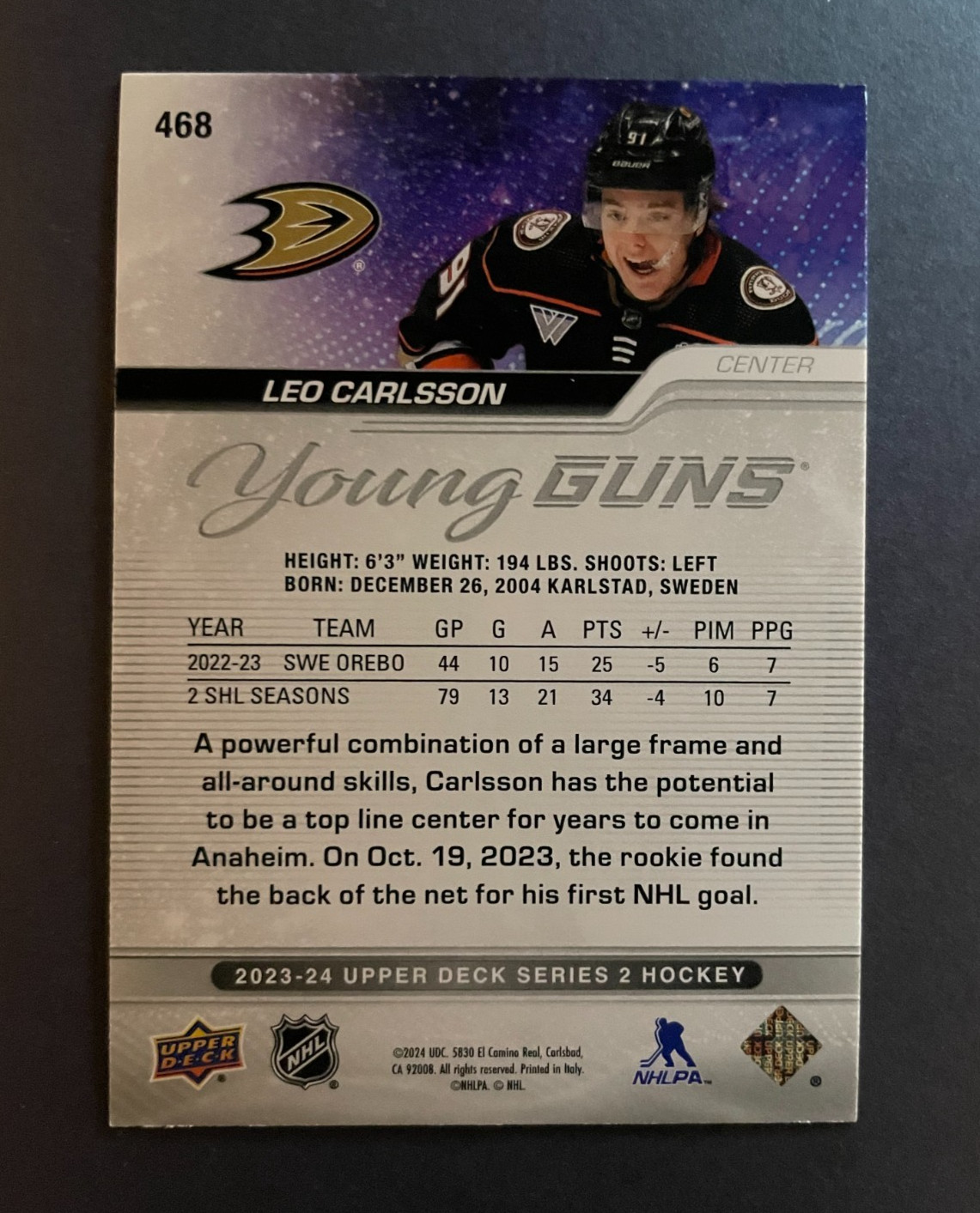 Leo Carlsson 2023-24 Upper Deck Series 2 Young Guns #468 RC