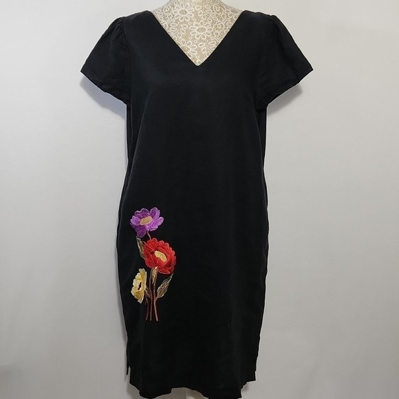 black linen embroidered dress Sunday Stroll Floral Embroidered Linen-Blend Mini Dress in Black S / Black main image 1