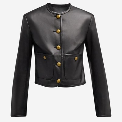 Women's Black Leather Cropped Jacket Gold Button Front Collarless Blazer Coat
