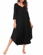 Ekouaer Plus Size Nightgown, V Neck 3/4 Sleeve Maxi Sleepshirt, Black 3X