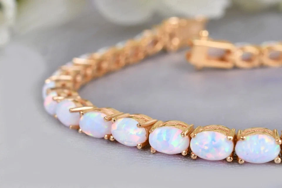 Pulseira de tênis oval 16 quilates de opala de fogo criada em laboratório em ouro amarelo 14K acima de 925-7" - Imagem 3 de 4