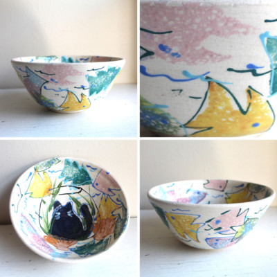 Hand Thrown Studio Pottery Bowl Naif Sponged Painted Fish Black Cat White Clay