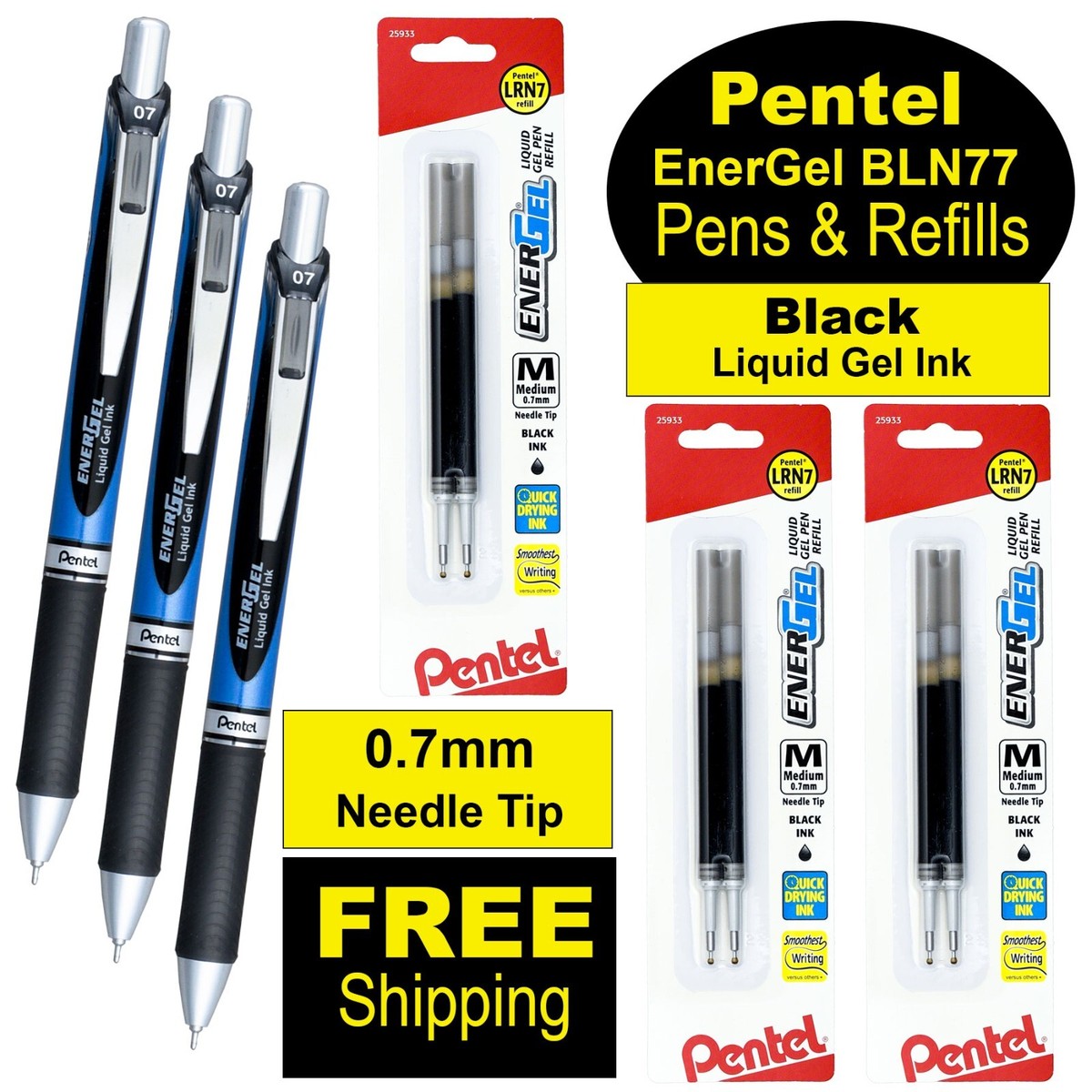 Pentel EnerGel RTX Needle Tip BLN77-A Black Liquid Gel Ink - Main Image