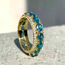 3CT Oval Cut Lab Created Blue Topaz Eternity Band Ring 14K Yellow Gold Plated