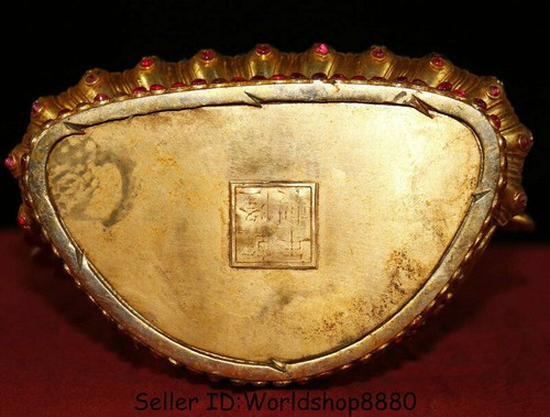 8" Old Tibet Copper 24k Gold Gilt Inlay Gem 4 arms Chenrezig Buddha Sculpture - Picture 9 of 9