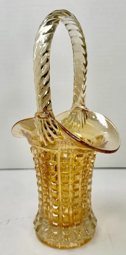 1930's Imperial Glass Waffle Block Pattern Marigold Carnival Compote