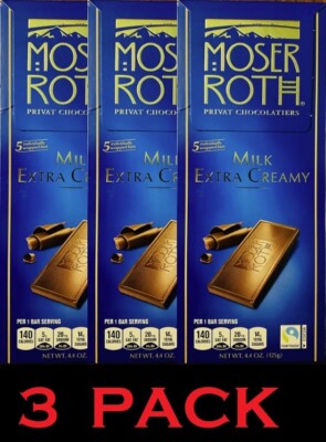 **NEW** MOSER ROTH MILK EXTRA CREAMY CHOCOLATE CANDY BAR - 4.4 oz - 3 PACK