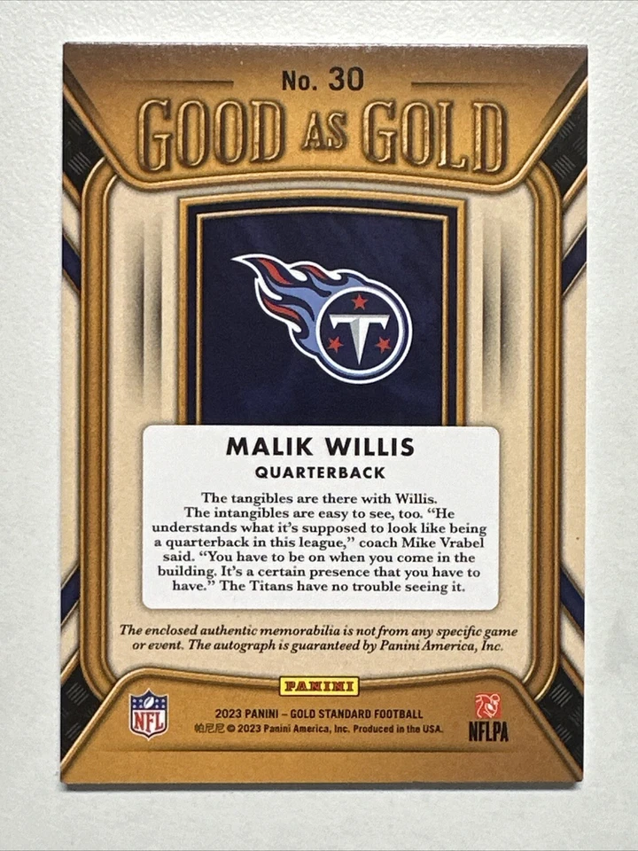 2023 Panini Gold Standard Malik Willis RPA Good as Gold Rose Gold /24 #30 Auto - Image 3 of 3