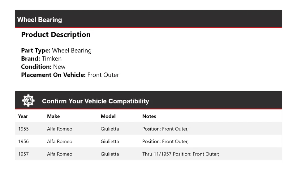 Cojinete de rueda delantero exterior Timken 1956 para Alfa Romeo Giulietta 1955-1957 Foto 2 de 4