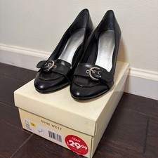y2k ~2006 Nine West Ossao Black Leather Buckle Accent Block Heel Pumps Shoes 7.5