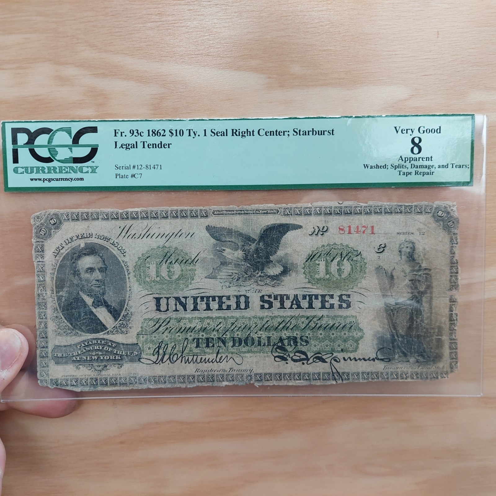 1862 $10 Lincoln Greenback Legal Tender Note PCGS 8 Banknote Civil War ...