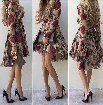 Authentic Dolce & Gabbana Rose Silk Long Sleeve Dress IT 38 US 2 XS