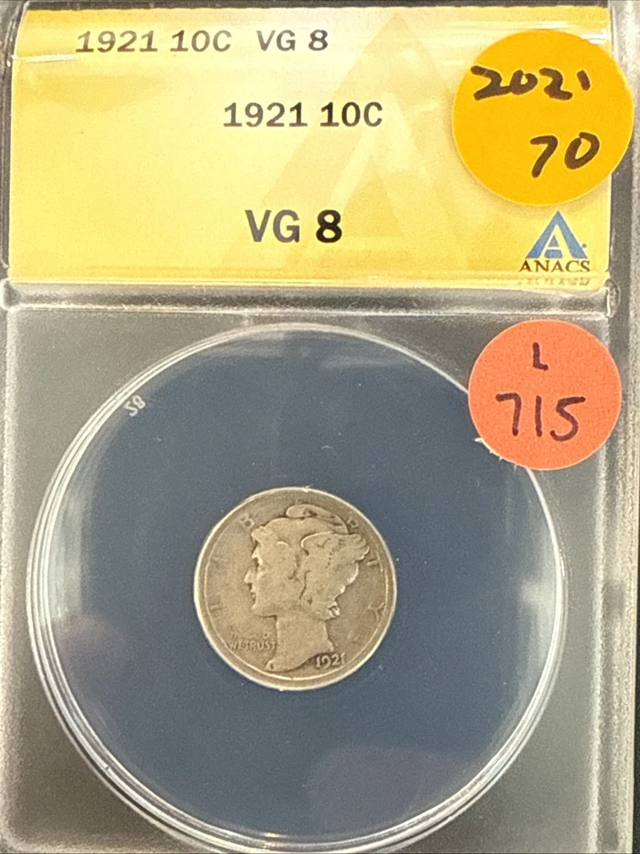 1921 Mercury Dime VG 8 ANACS Silver 10c Coin L715 - Image 2 of 4