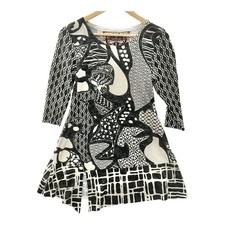Amma Design Top Tunic Black Ivory 3/4 Sleeve Scoop Neck Abstract USA Made Artsy