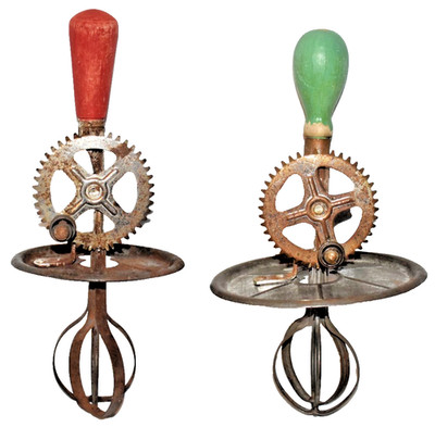 2 Antique 1920's A & J Manual Hand Mixers Egg Beaters With Splash Guards