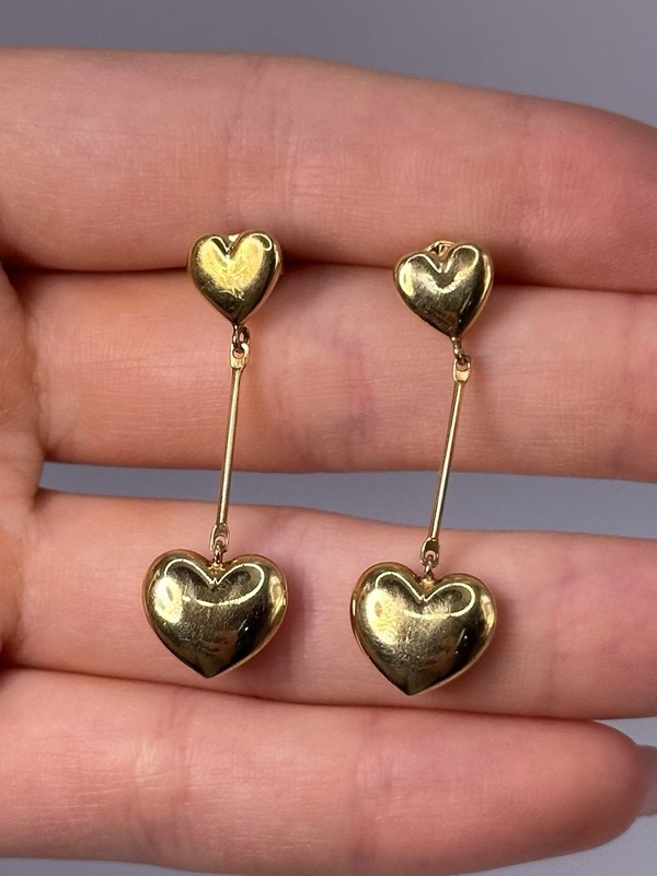 Vintage 14K Yellow Gold Double Heart Dangle Drop Earrings