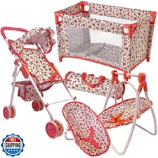 Deluxe Baby Doll Stroller and Crib Furniture Playset, Multi Baby 