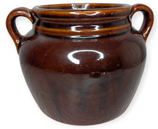 Vintage Brown Glaze Stoneware Bean Crock Pot with Handles Made in USA No Lid