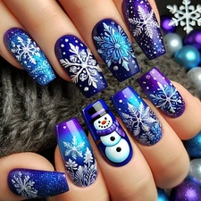 48pcs Christmas Press On Nails Snowflake Snowman Blue Reusable False Nail Kit