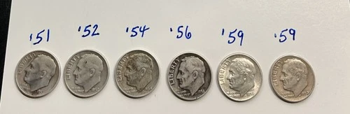 Lot Of 6 Franklin Dimes 1951-1959 Silver Coins Exactly As Shown