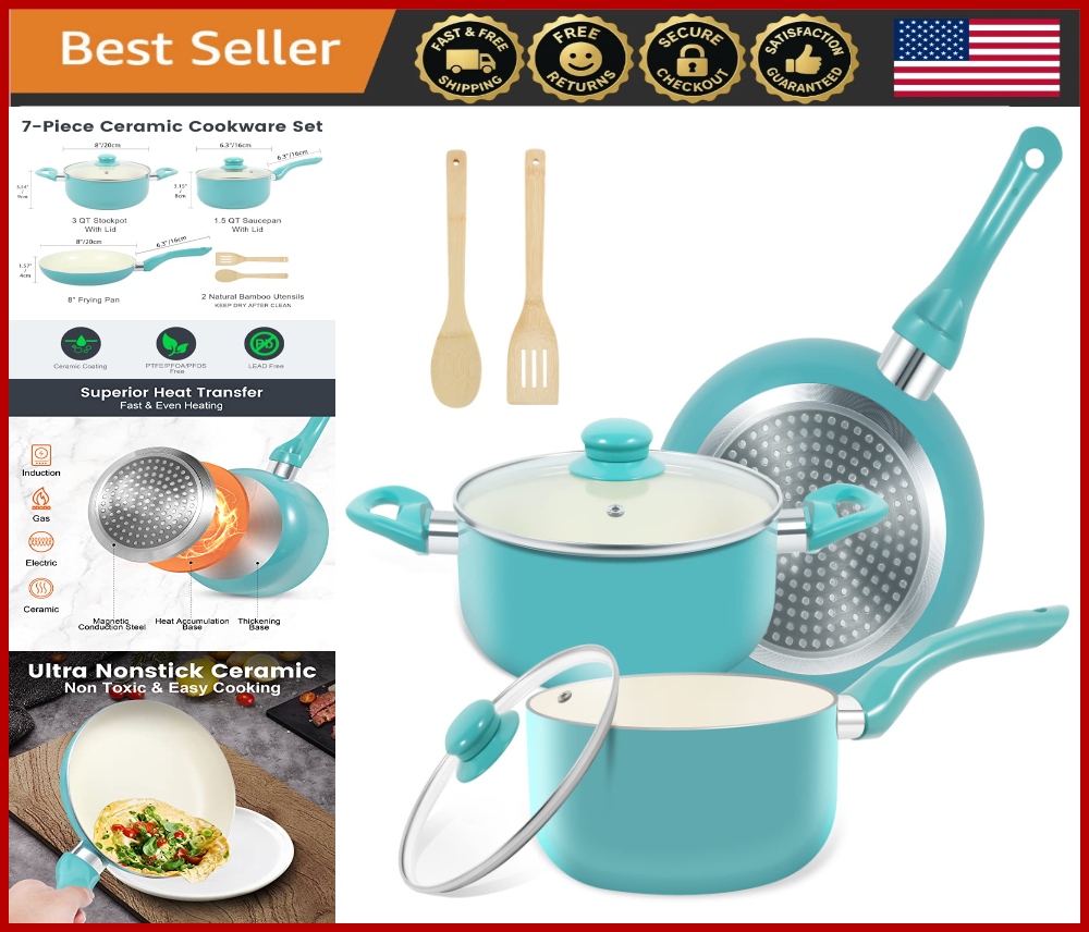 7pc Nonstick Ceramic Cookware Set Induction Safe PFOA-Free Turquoise
