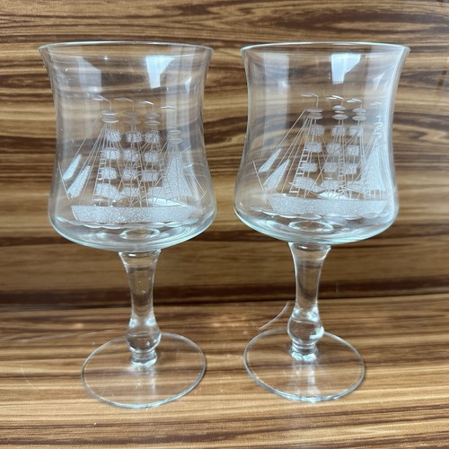 2 Kristall Barware Tulpenform Klar Gläser Geätzt Schiff Maritim Ozean Lot - Bild 4 von 15