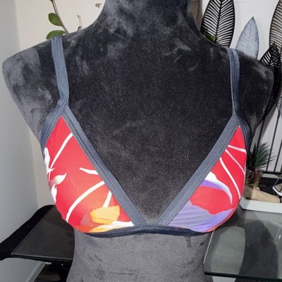 HAPARI Floral Print Triangle Bikini Top Red Orange Adjustable Straps Size S