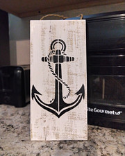 Handmade Distressed Wood Hanging Anchor Nautical Decor White/Black 5.5"X12