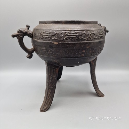 Vintage Chinese Cast Iron Archaic Style Three Footed Censer 8" Tall With Handles - Picture 7 of 14