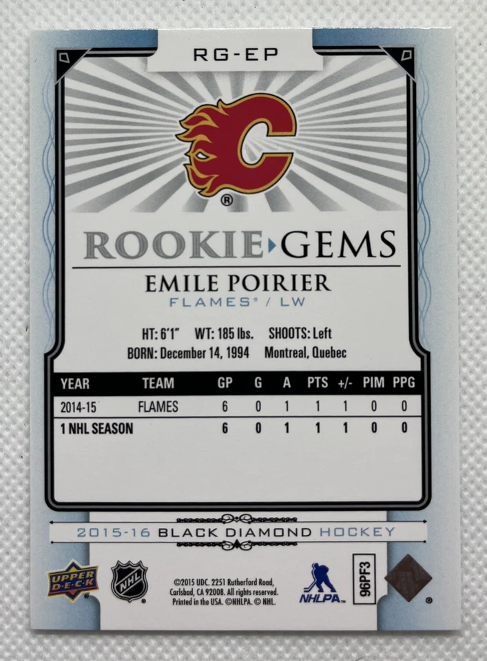 15-16 UD Upper Deck Black Diamond Rookie Gems Emile Poirier /399 Rookie - Image 2 of 2