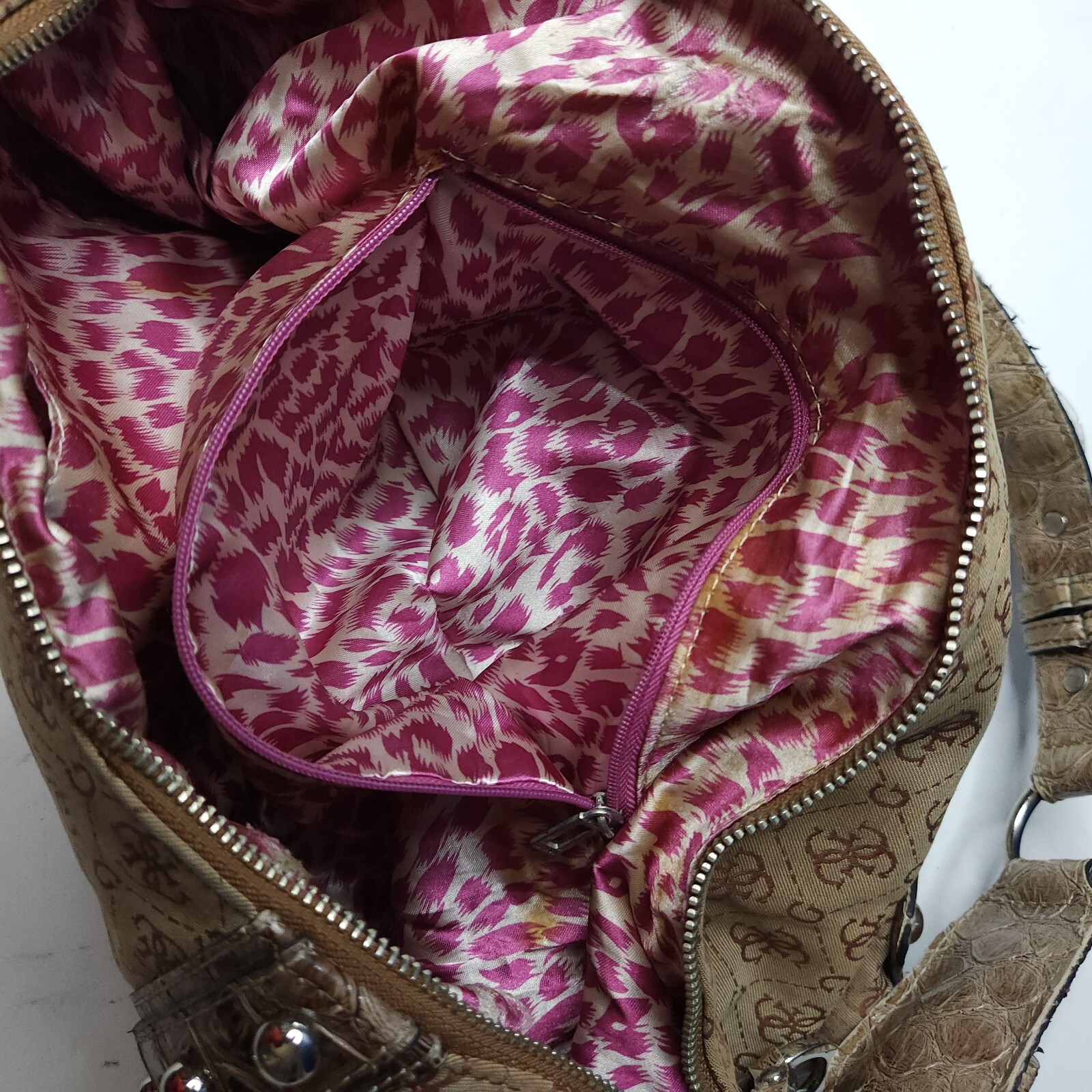 Guess Canvas Faux Leather Tote Handbag Purse Brow… - image 5