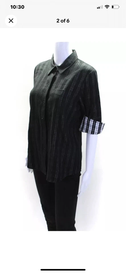 Theory 女式棉质格子印花铐扣 Catris 衬衫黑色 L 码 — 第 2/4 张图片