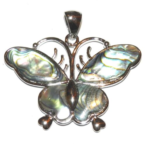 P2439 Butterfly 44mm Abalone Shell Gemstone Pendant Silver Brass Setting & Bail - Picture 1 of 1