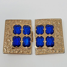 Vintage Retro Belt Buckle Multifaceted Blue Stones Gold Tone Ladies Belt