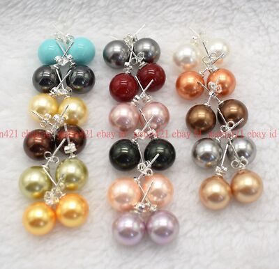 K-KED 925 Silver 8/10/12/14mm Round Natural Multicolor Shell Pearl Stud Post Earrings Gold 8 Mm