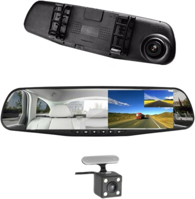  Vehicle Blackbox DVR (Full HD 1080) Rearview Mirror Dual Channel Recorder  
