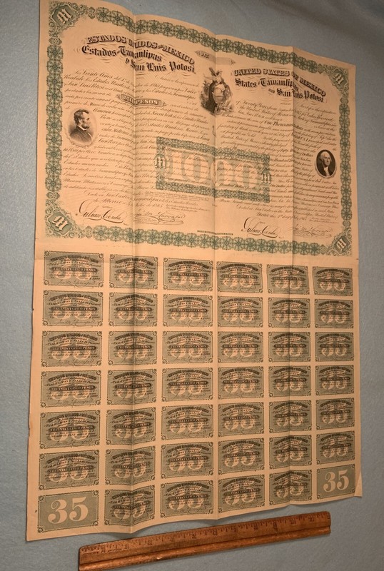Rare 1865 UNITED STATES OF MEXICO $1000 Bond w/ LINCOLN & WASHINGTON ENGRAVINGS