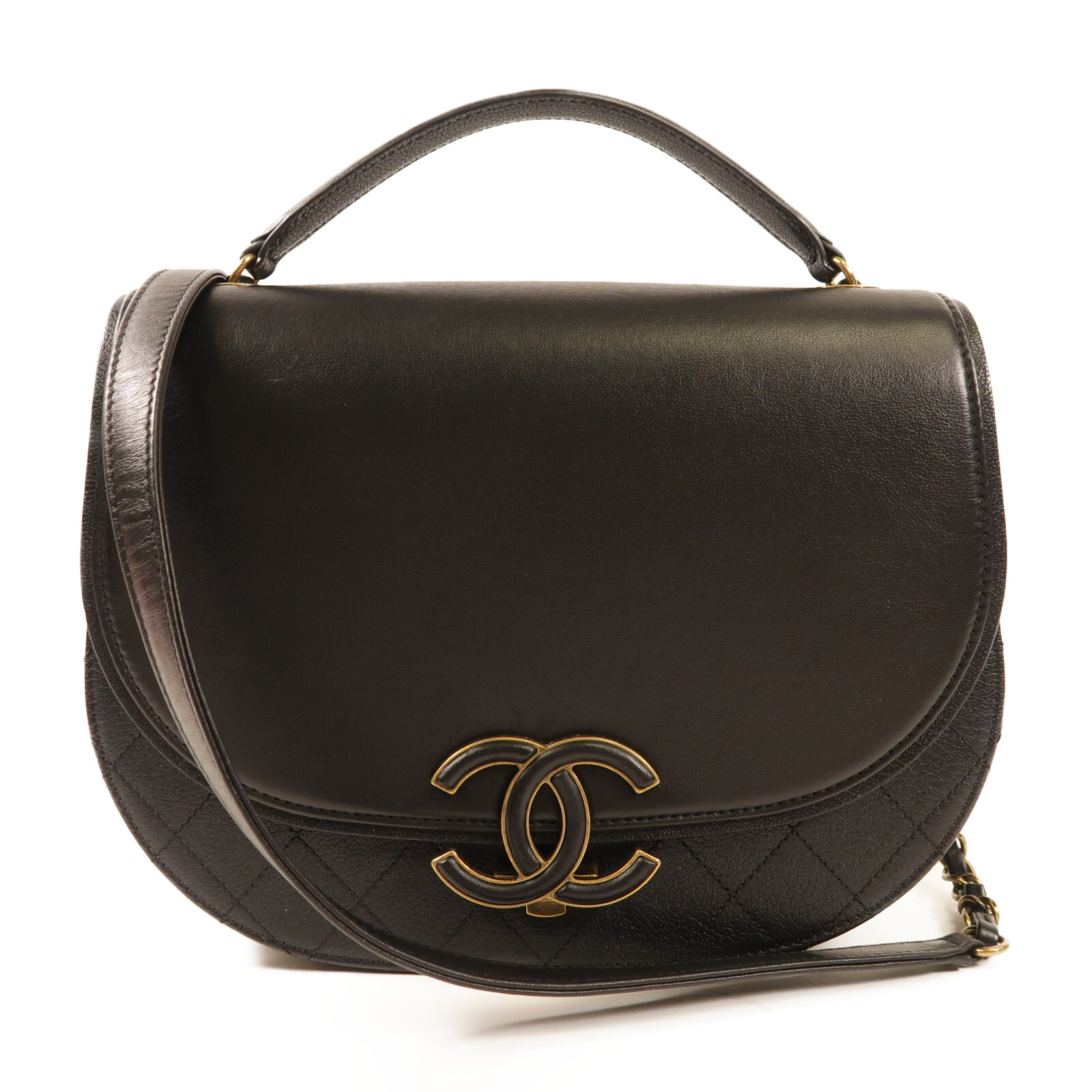 CHANEL Black Calfskin Leather CC GHW 2-Way Chain Shoulder Bag