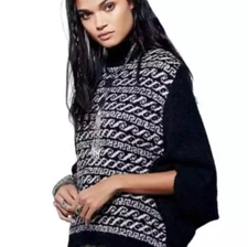 Free People Knit Fuzzy Poncho Sweater MEDIUM Mock Neck Oversized Boho Top